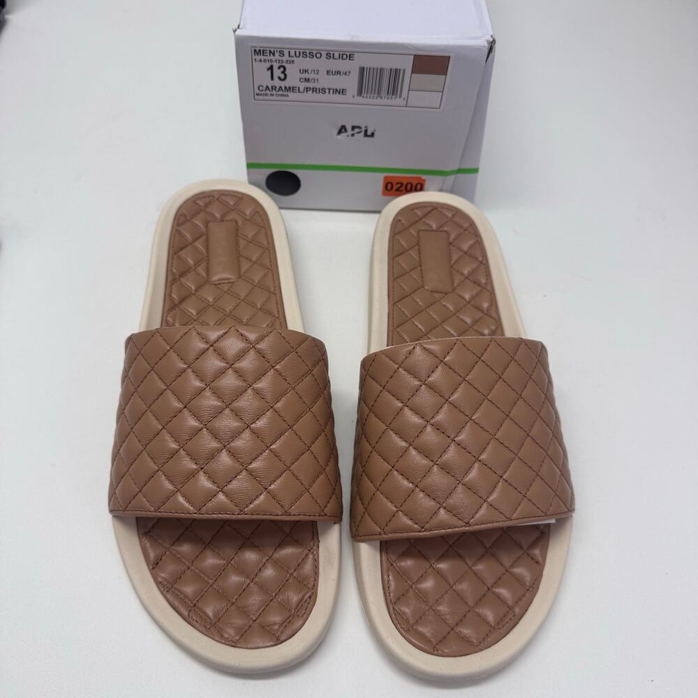 NEW APL Lusso Slides Quilted Nappa Leather Mens sz 13 Caramel Comfort Old Money